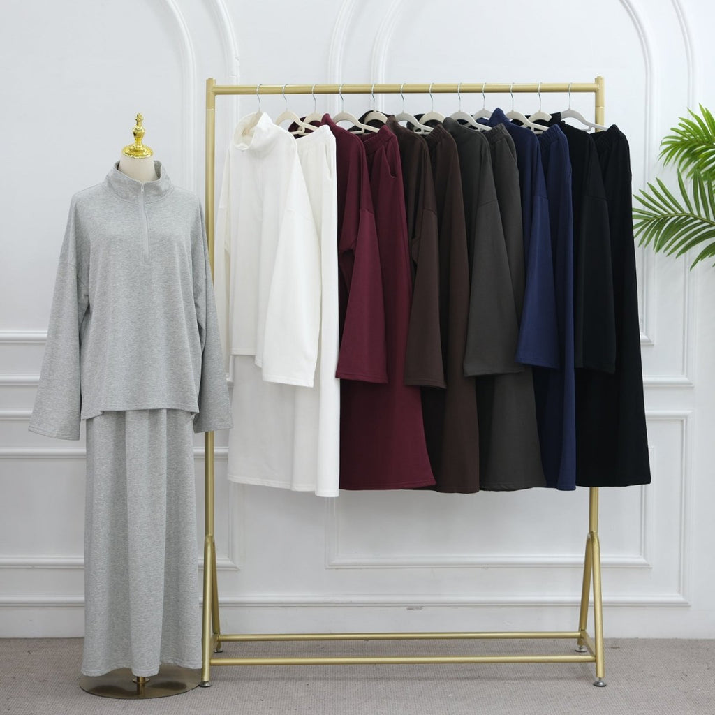 Cotton Half-Zip Top & Maxi Skirt Set(MS441)