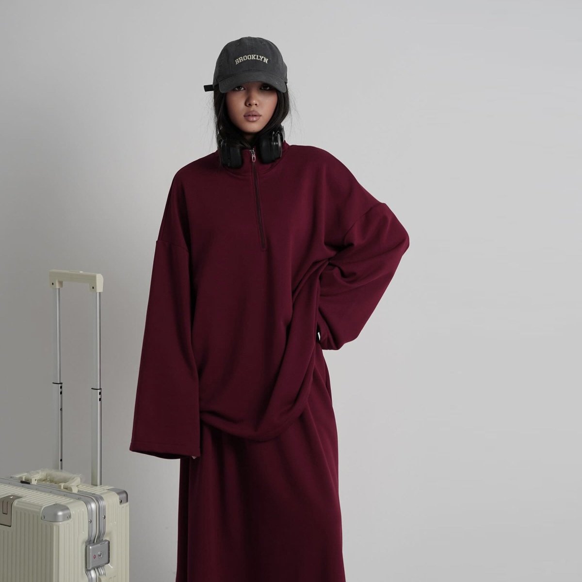 Cotton Half-Zip Top & Maxi Skirt Set(MS441)