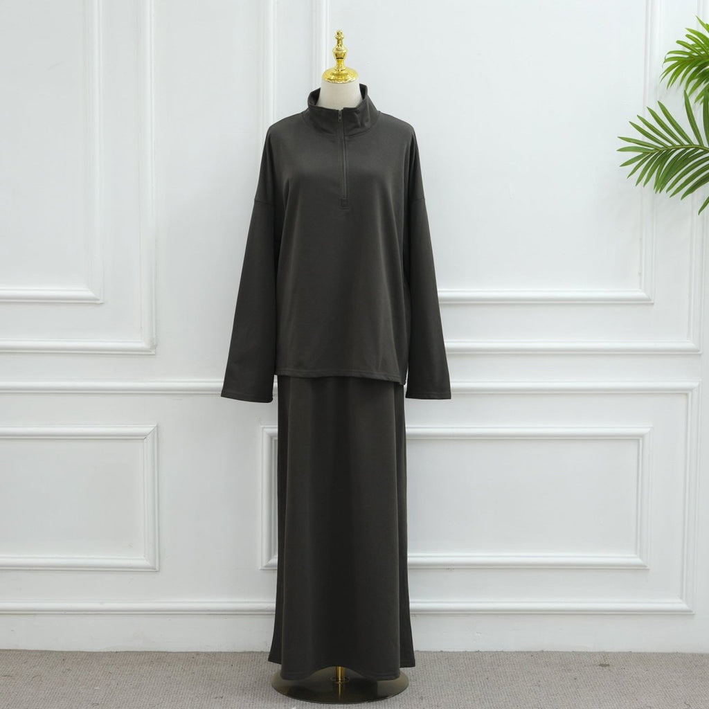 Cotton Half-Zip Top & Maxi Skirt Set(MS441)
