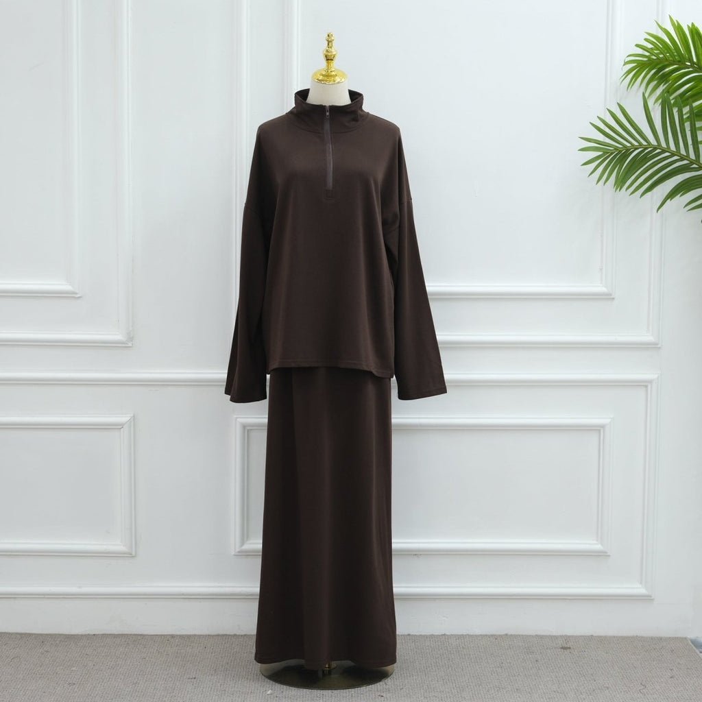 Cotton Half-Zip Top & Maxi Skirt Set(MS441)