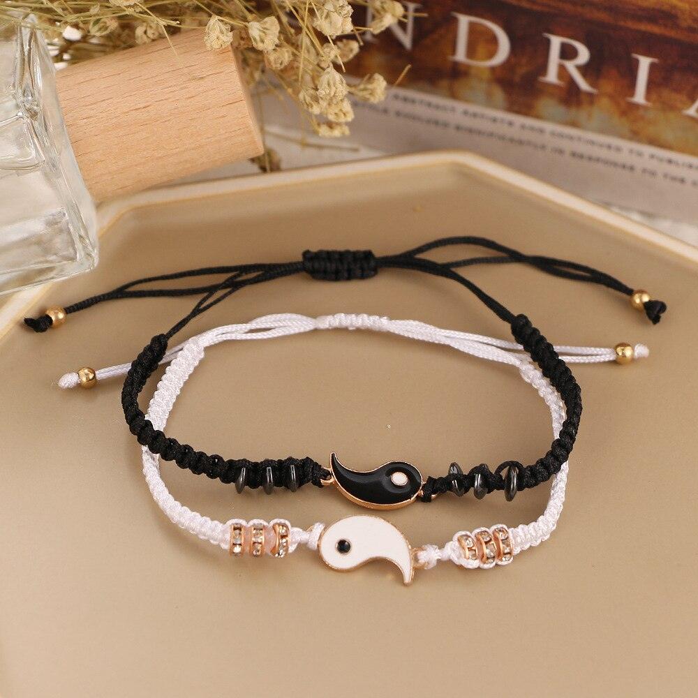 Couple Bracelets Cord Braid Chain Bracelet Alloy Pendant Two-piece Woven Rope Braid Bracelet Bangle For Women Men Charm Adjustable Black White Matching Bracelets For Couples