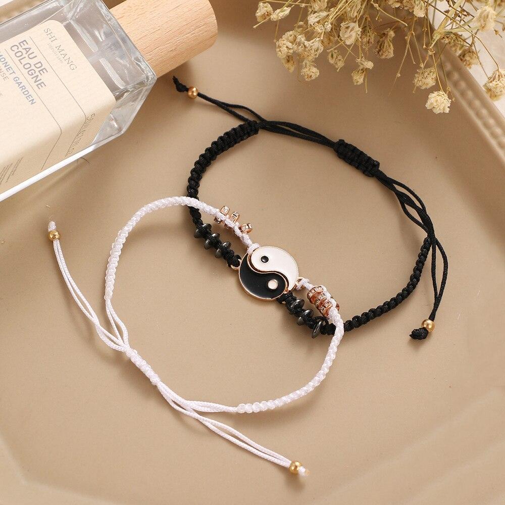 Couple Bracelets Cord Braid Chain Bracelet Alloy Pendant Two-piece Woven Rope Braid Bracelet Bangle For Women Men Charm Adjustable Black White Matching Bracelets For Couples