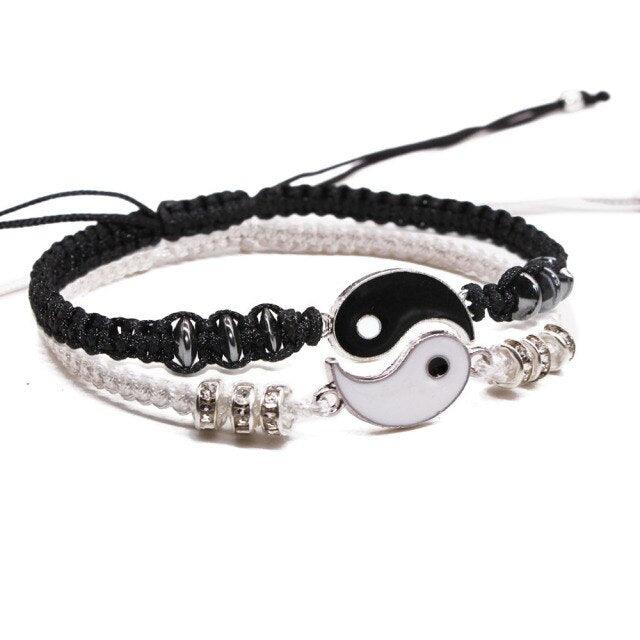 Couple Bracelets Cord Braid Chain Bracelet Alloy Pendant Two-piece Woven Rope Braid Bracelet Bangle For Women Men Charm Adjustable Black White Matching Bracelets For Couples