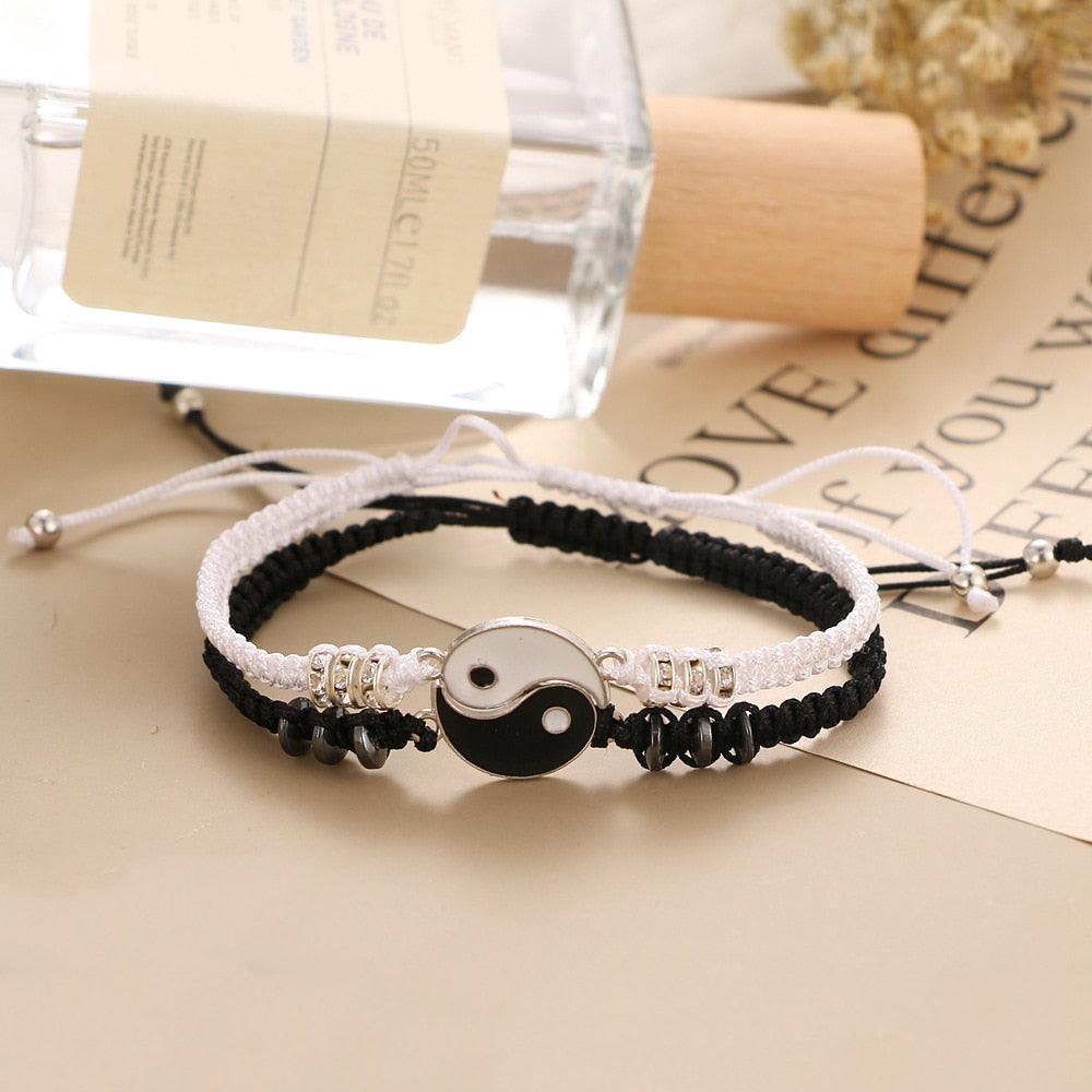 Couple Bracelets Cord Braid Chain Bracelet Alloy Pendant Two-piece Woven Rope Braid Bracelet Bangle For Women Men Charm Adjustable Black White Matching Bracelets For Couples