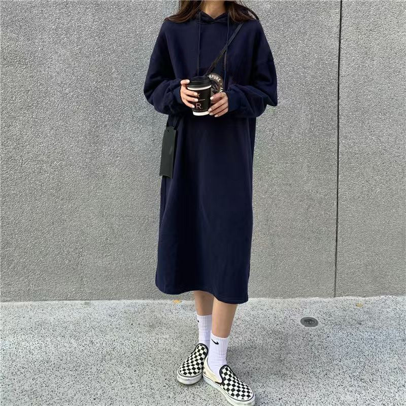 Cozy Hooded Pullover Maxi Dress | Mid-Length Fleece Lined Dress with Side Slits(MS137)