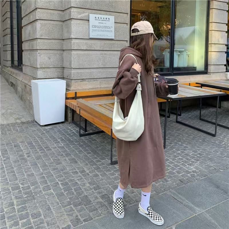 Cozy Hooded Pullover Maxi Dress | Mid-Length Fleece Lined Dress with Side Slits(MS137)