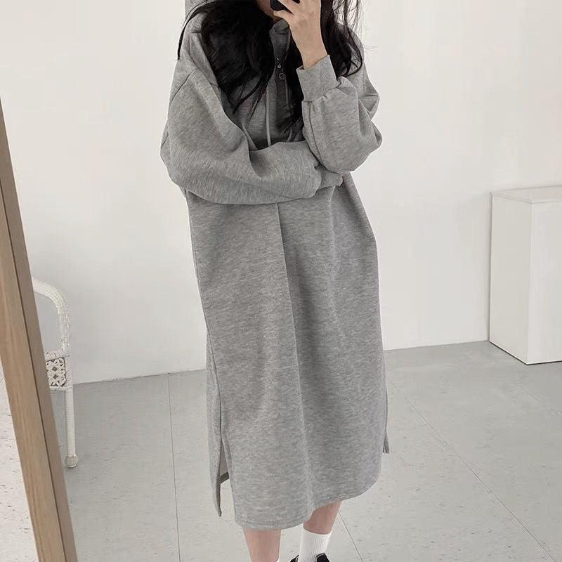 Cozy Hooded Pullover Maxi Dress | Mid-Length Fleece Lined Dress with Side Slits(MS137)