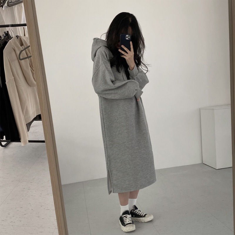 Cozy Hooded Pullover Maxi Dress | Mid-Length Fleece Lined Dress with Side Slits(MS137)
