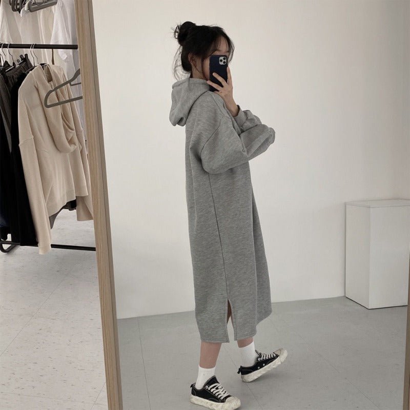 Cozy Hooded Pullover Maxi Dress | Mid-Length Fleece Lined Dress with Side Slits(MS137)