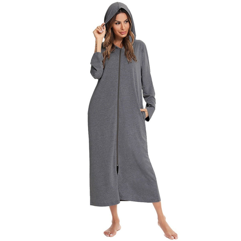 Cozy Longline Zip-Up Cardigan with Pockets | Home Wear Comfort(MS110)