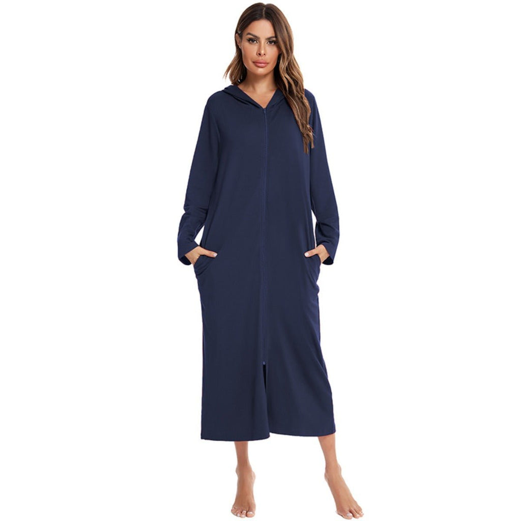 Cozy Longline Zip-Up Cardigan with Pockets | Home Wear Comfort(MS110)