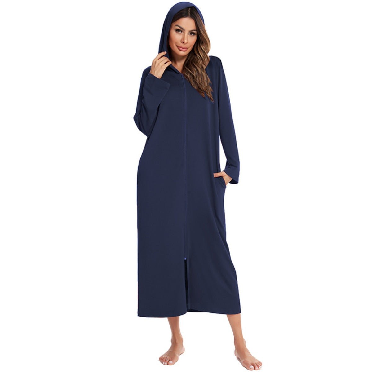 Cozy Longline Zip-Up Cardigan with Pockets | Home Wear Comfort(MS110)