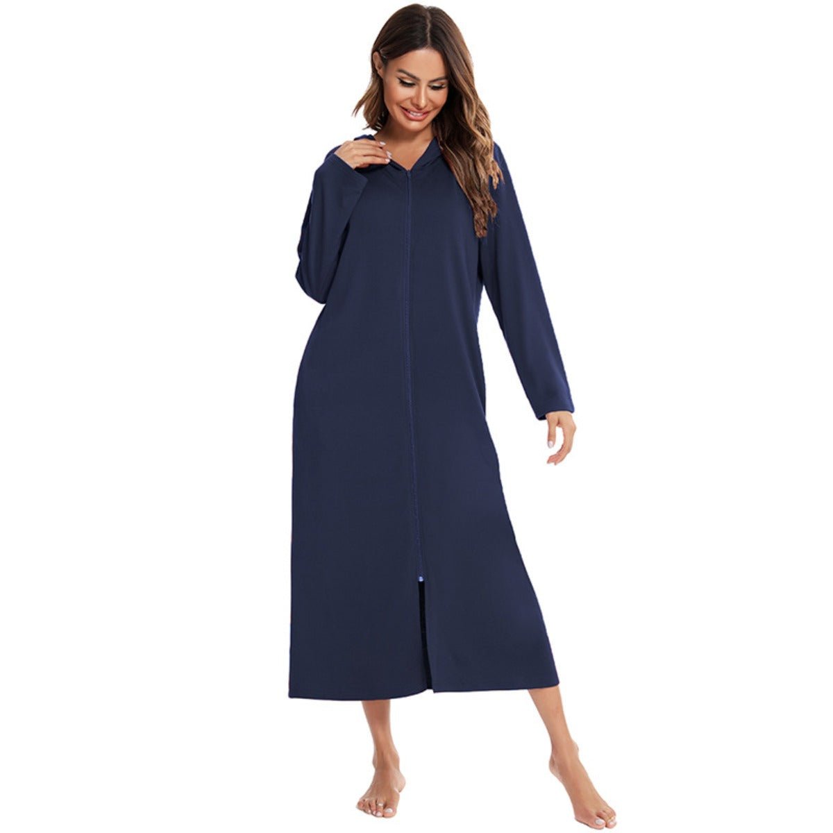 Cozy Longline Zip-Up Cardigan with Pockets | Home Wear Comfort(MS110)