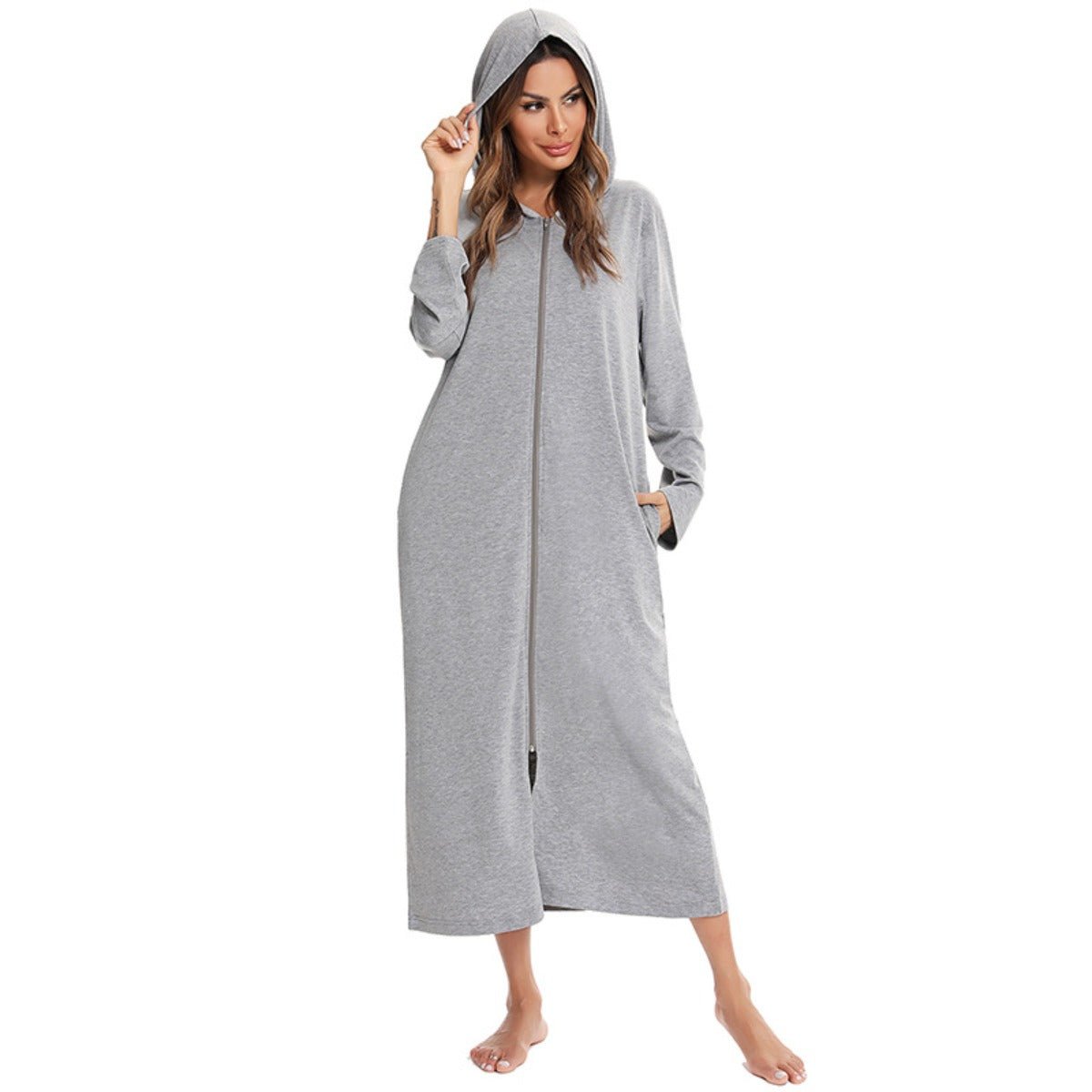 Cozy Longline Zip-Up Cardigan with Pockets | Home Wear Comfort(MS110)