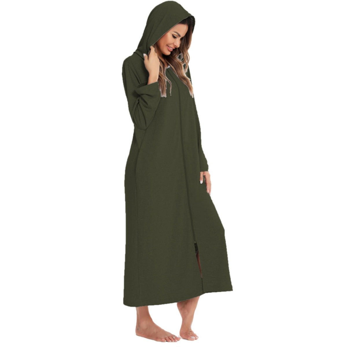 Cozy Longline Zip-Up Cardigan with Pockets | Home Wear Comfort(MS110)