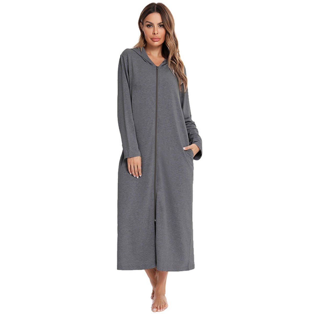 Cozy Longline Zip-Up Cardigan with Pockets | Home Wear Comfort(MS110)