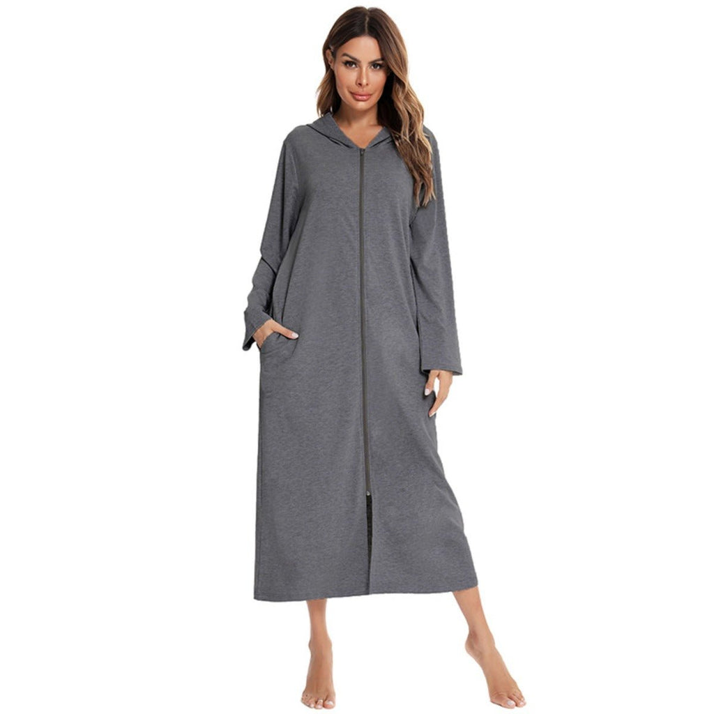 Cozy Longline Zip-Up Cardigan with Pockets | Home Wear Comfort(MS110)