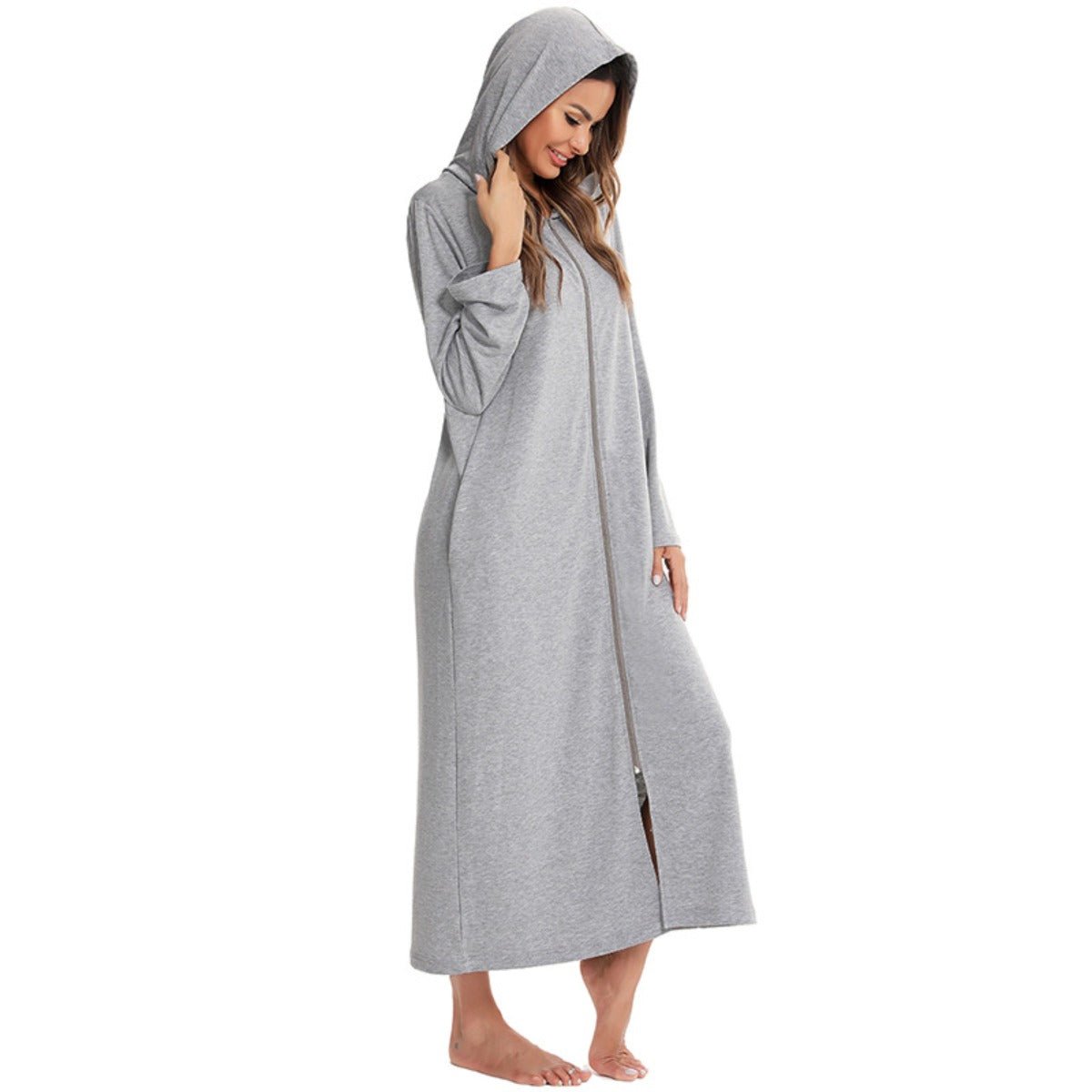 Cozy Longline Zip-Up Cardigan with Pockets | Home Wear Comfort(MS110)