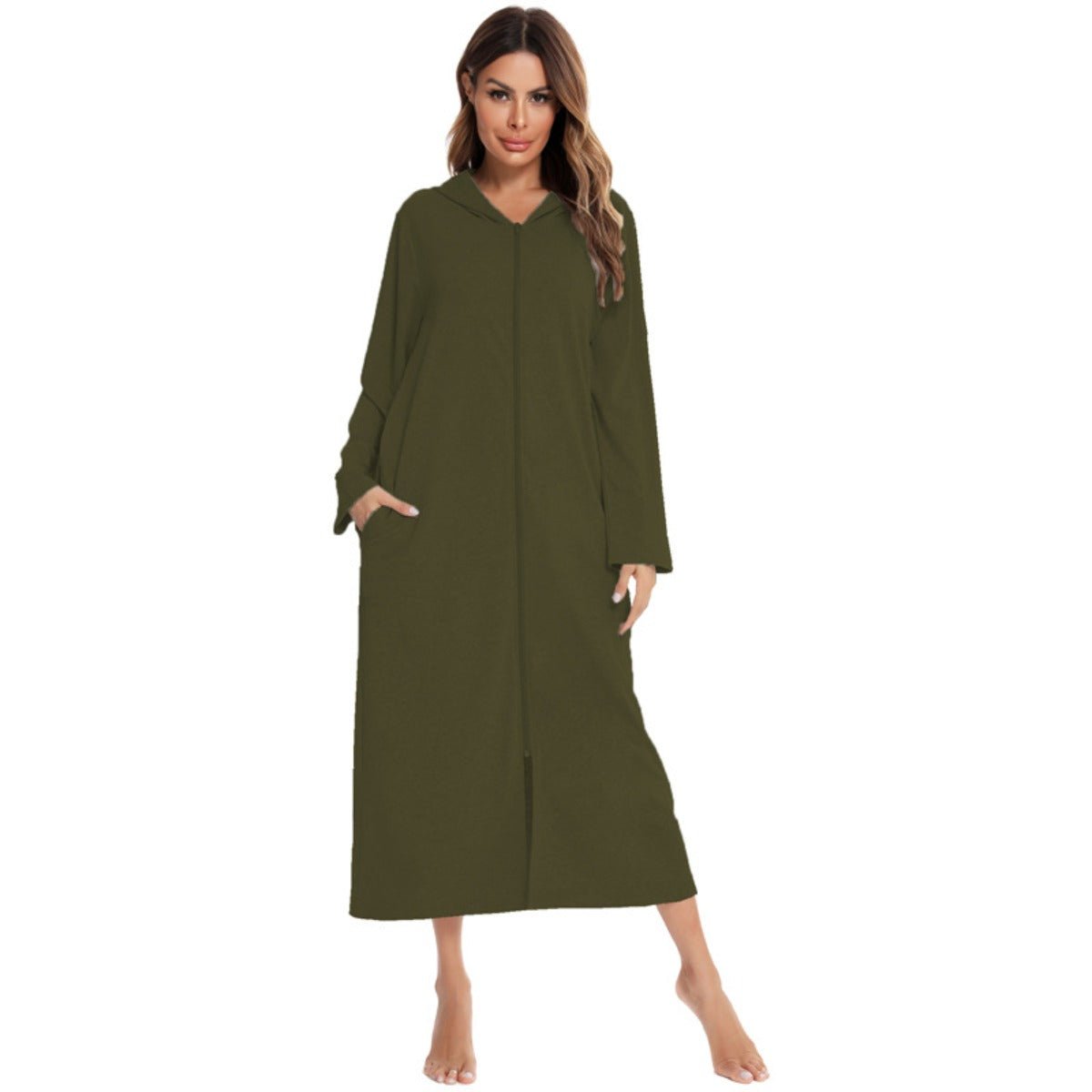Cozy Longline Zip-Up Cardigan with Pockets | Home Wear Comfort(MS110)