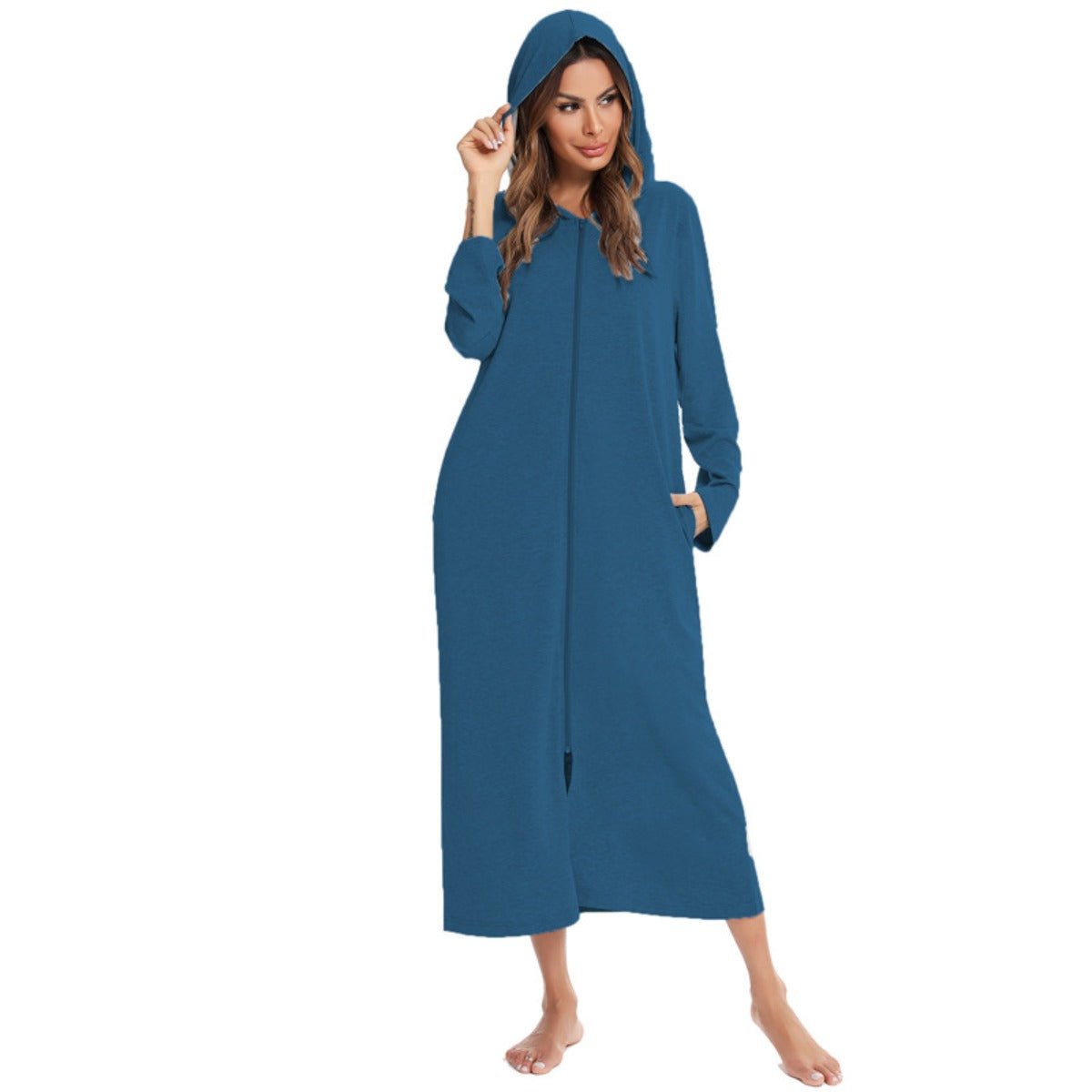 Cozy Longline Zip-Up Cardigan with Pockets | Home Wear Comfort(MS110)
