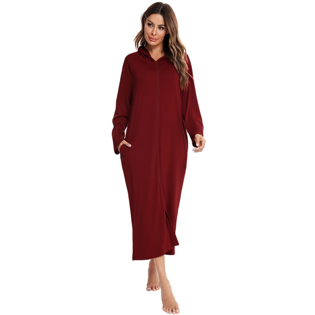 Cozy Longline Zip-Up Cardigan with Pockets | Home Wear Comfort(MS110)