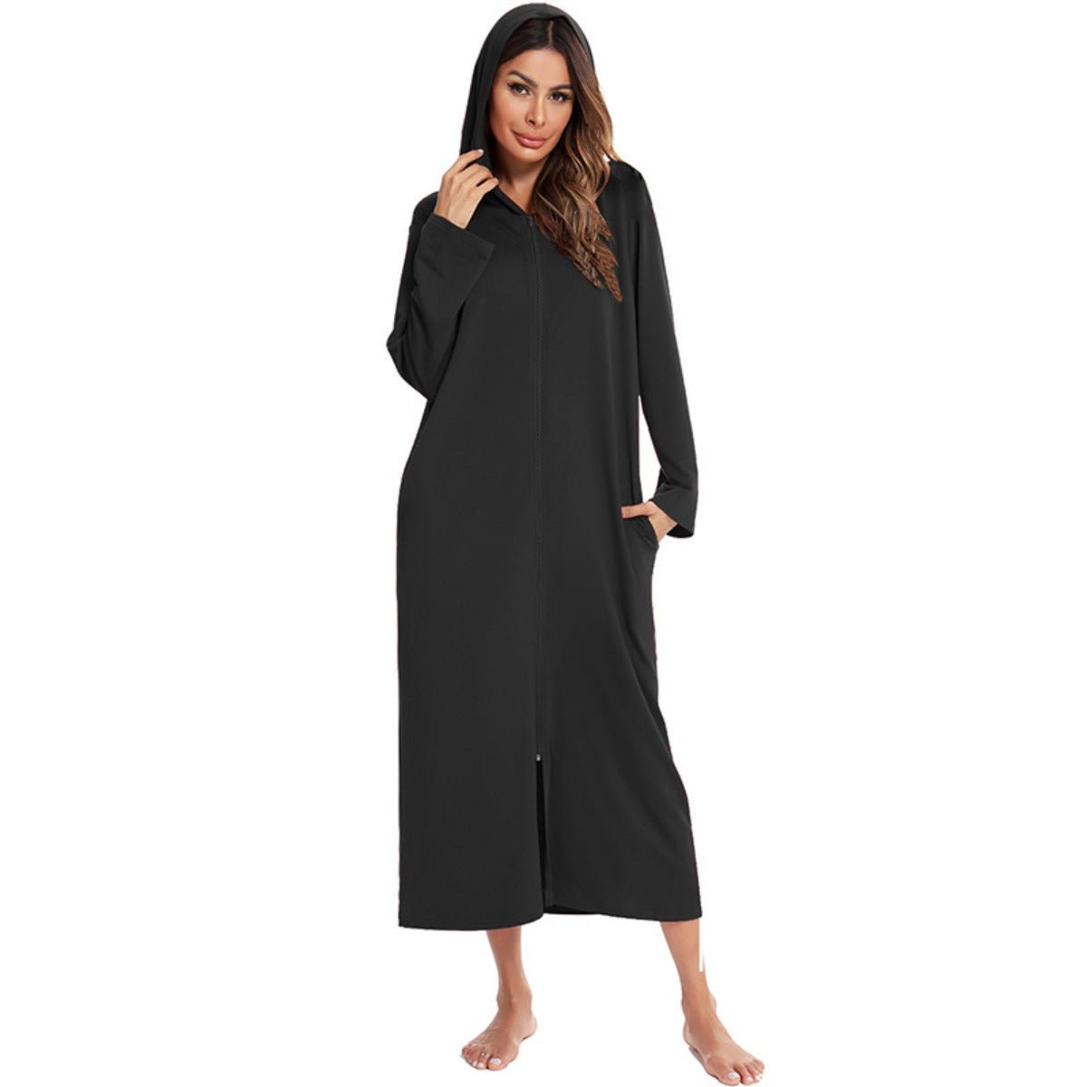 Cozy Longline Zip-Up Cardigan with Pockets | Home Wear Comfort(MS110)