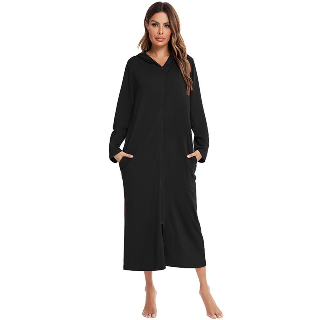 Cozy Longline Zip-Up Cardigan with Pockets | Home Wear Comfort(MS110)