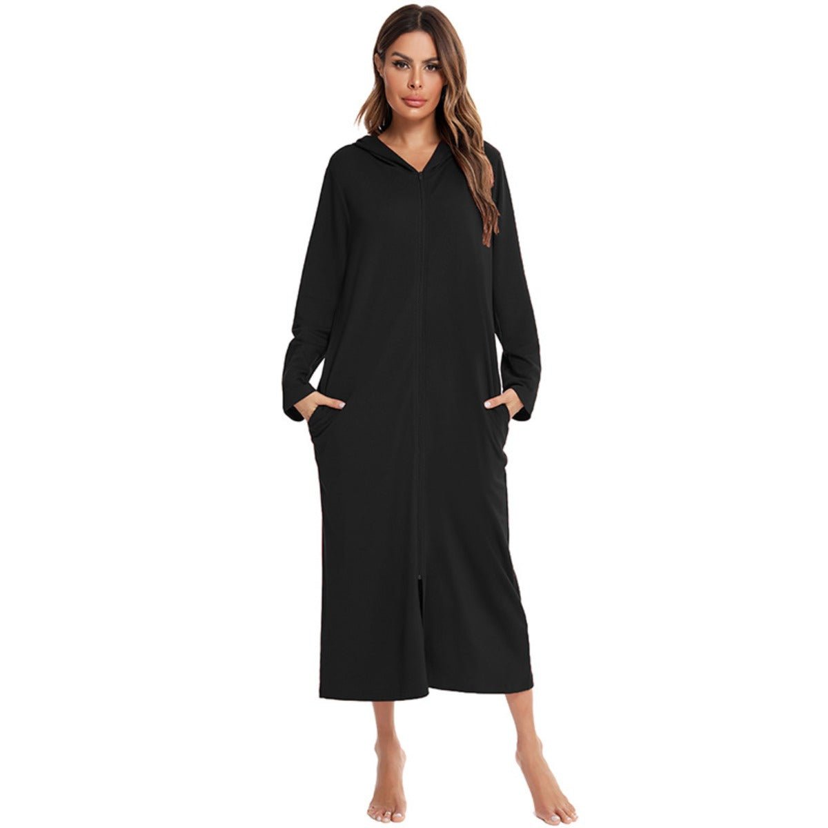 Cozy Longline Zip-Up Cardigan with Pockets | Home Wear Comfort(MS110)