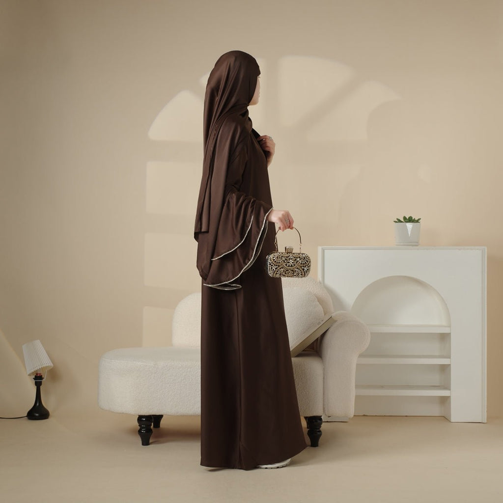 Crepe Satin Ruffle Sleeve Abaya, 5-Piece Set (MOA033)