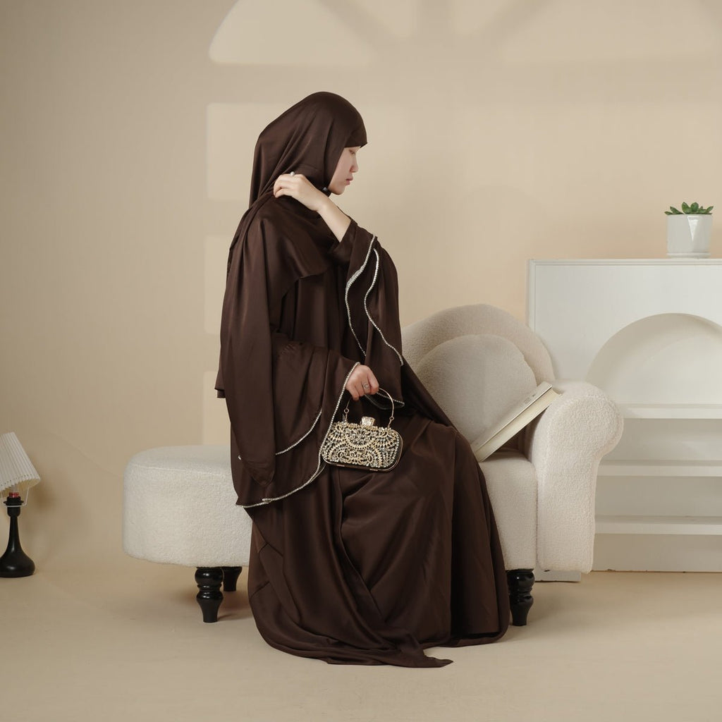 Crepe Satin Ruffle Sleeve Abaya, 5-Piece Set (MOA033)