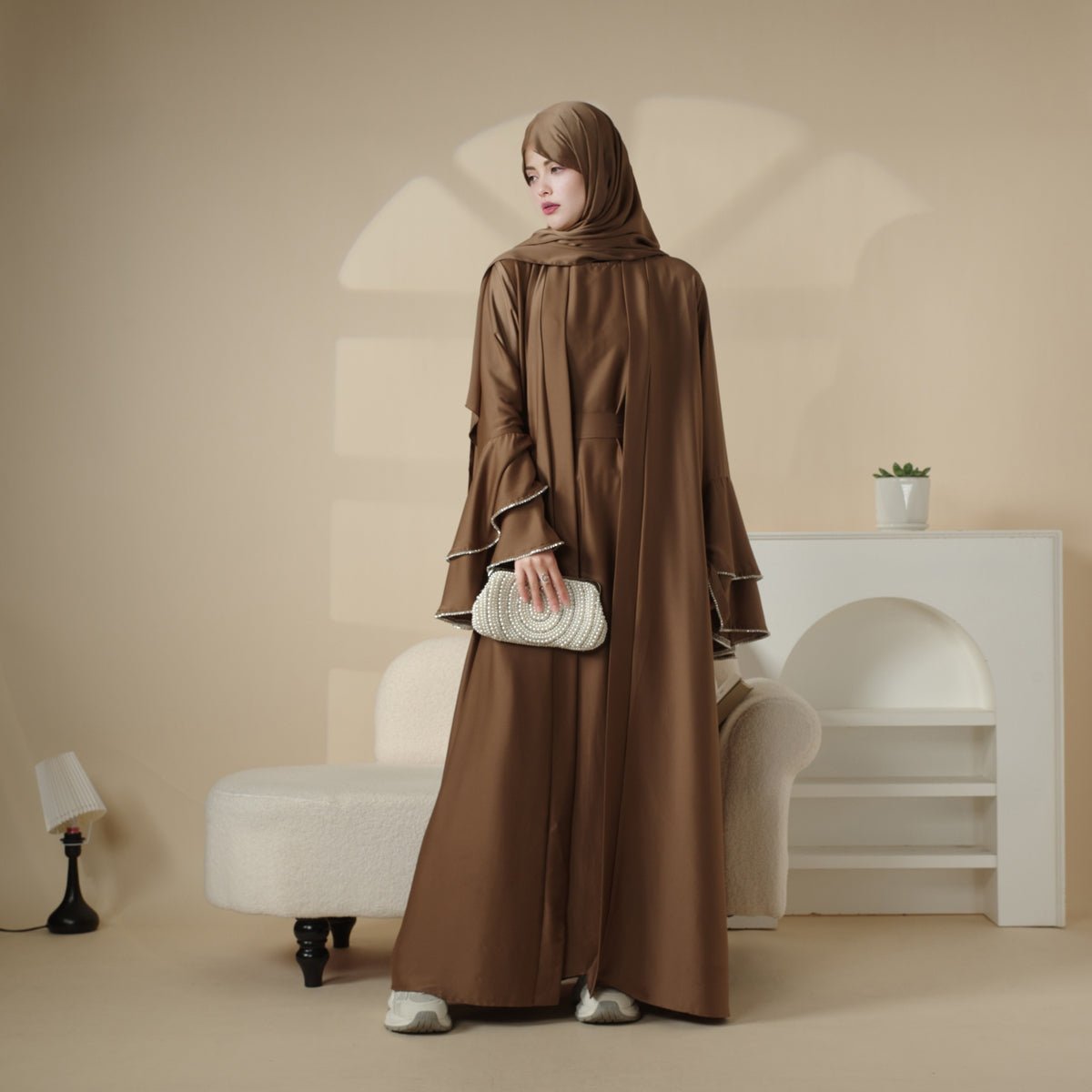 Crepe Satin Ruffle Sleeve Abaya, 5-Piece Set (MOA033)