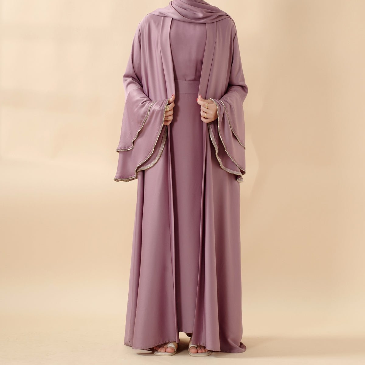 Crepe Satin Ruffle Sleeve Abaya, 5-Piece Set (MOA033)