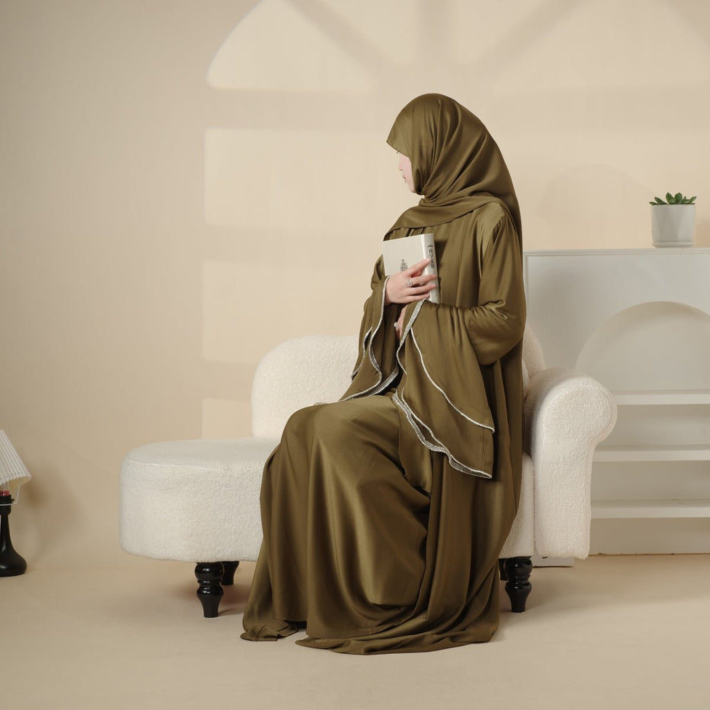 Crepe Satin Ruffle Sleeve Abaya, 5-Piece Set (MOA033)