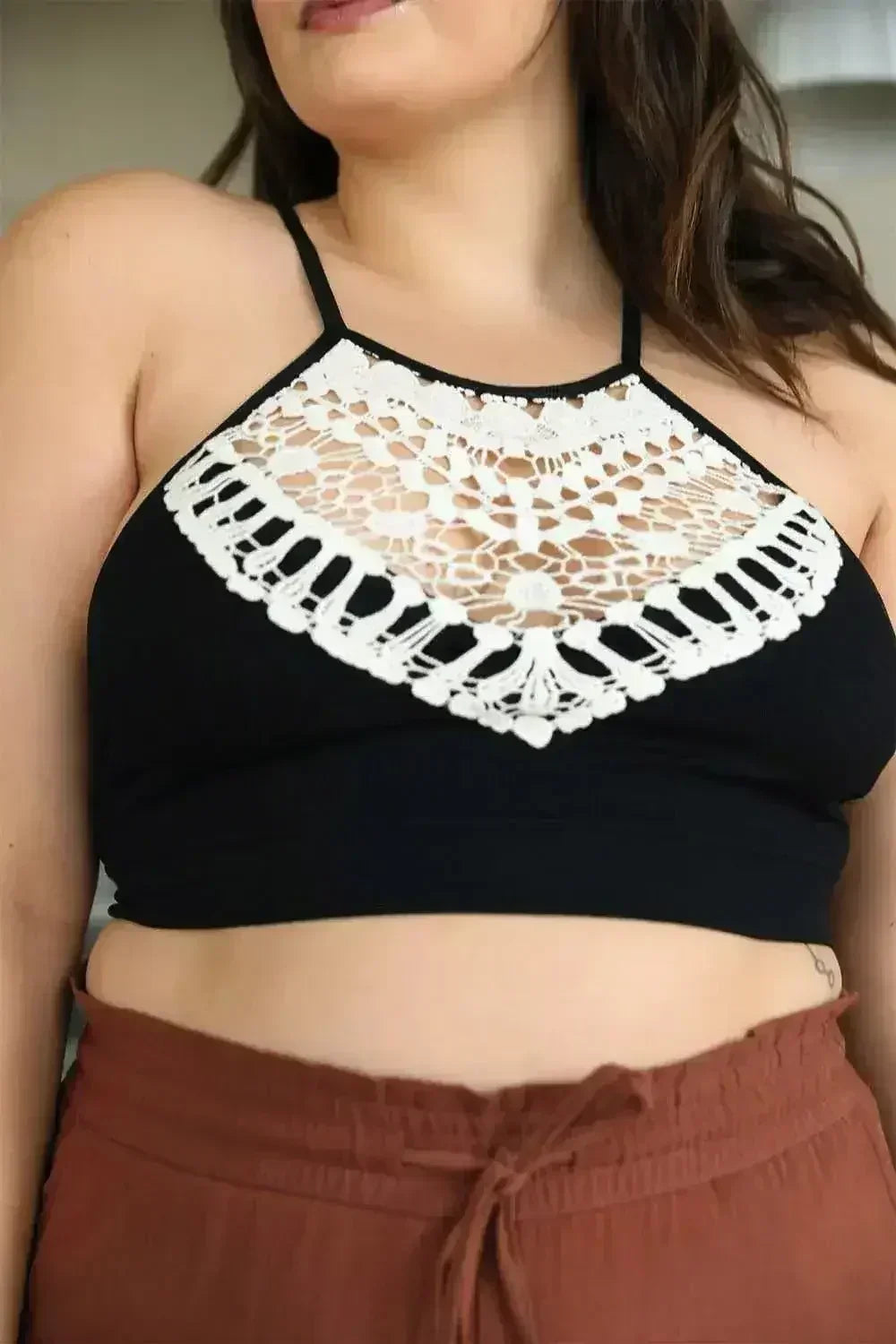 Crochet Lace High Neck Bralette – Halter Style with Cross-Back