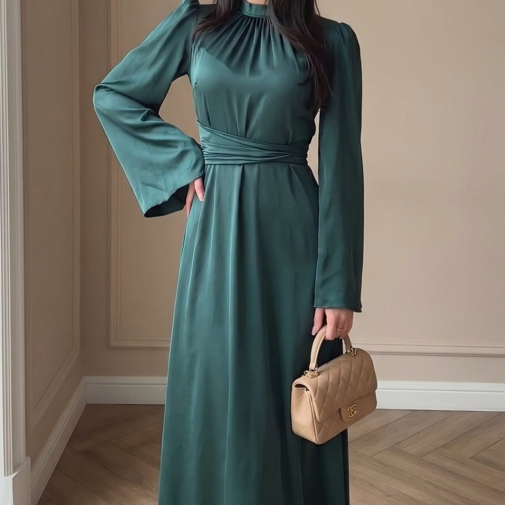 Cross-Wrap Ruched Neck Satin Maxi Dress(MS445)