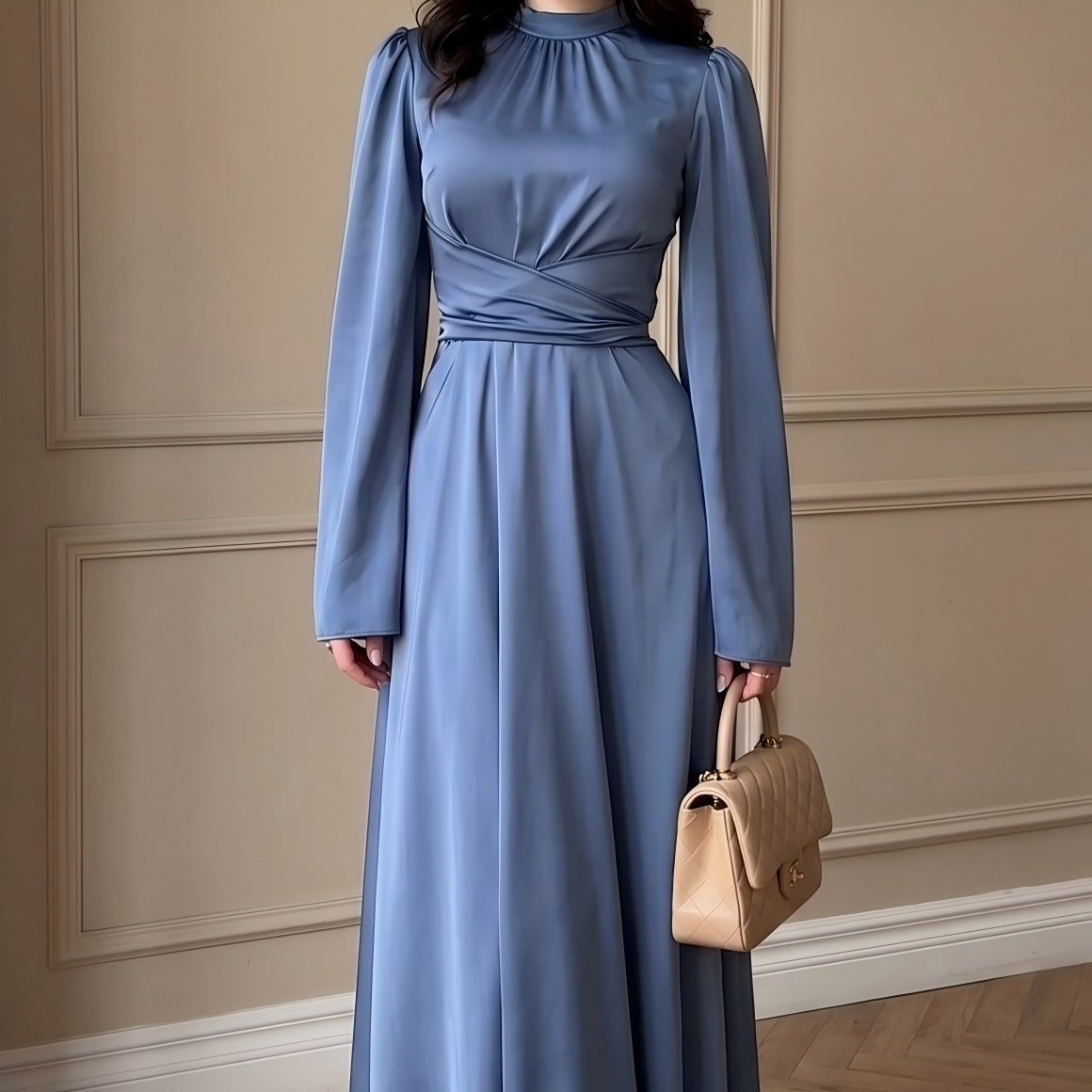 Cross-Wrap Ruched Neck Satin Maxi Dress(MS445)
