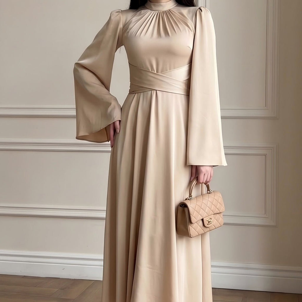 Cross-Wrap Ruched Neck Satin Maxi Dress(MS445)