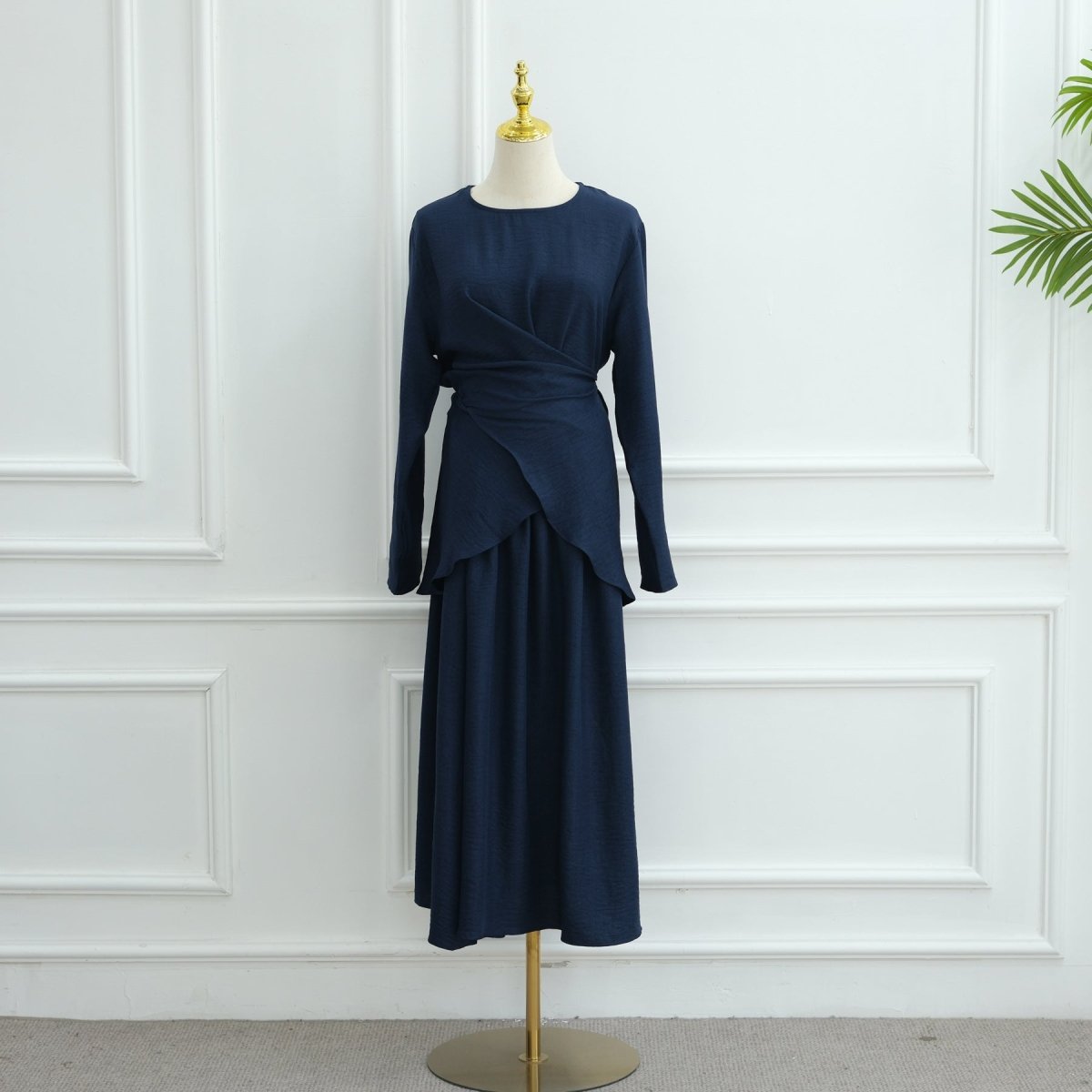 Cross-Wrap Waist Top & A-Line Maxi Skirt Set(MS475)