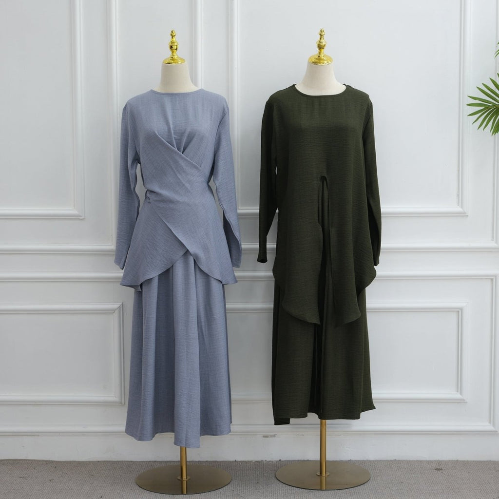 Cross-Wrap Waist Top & A-Line Maxi Skirt Set(MS475)