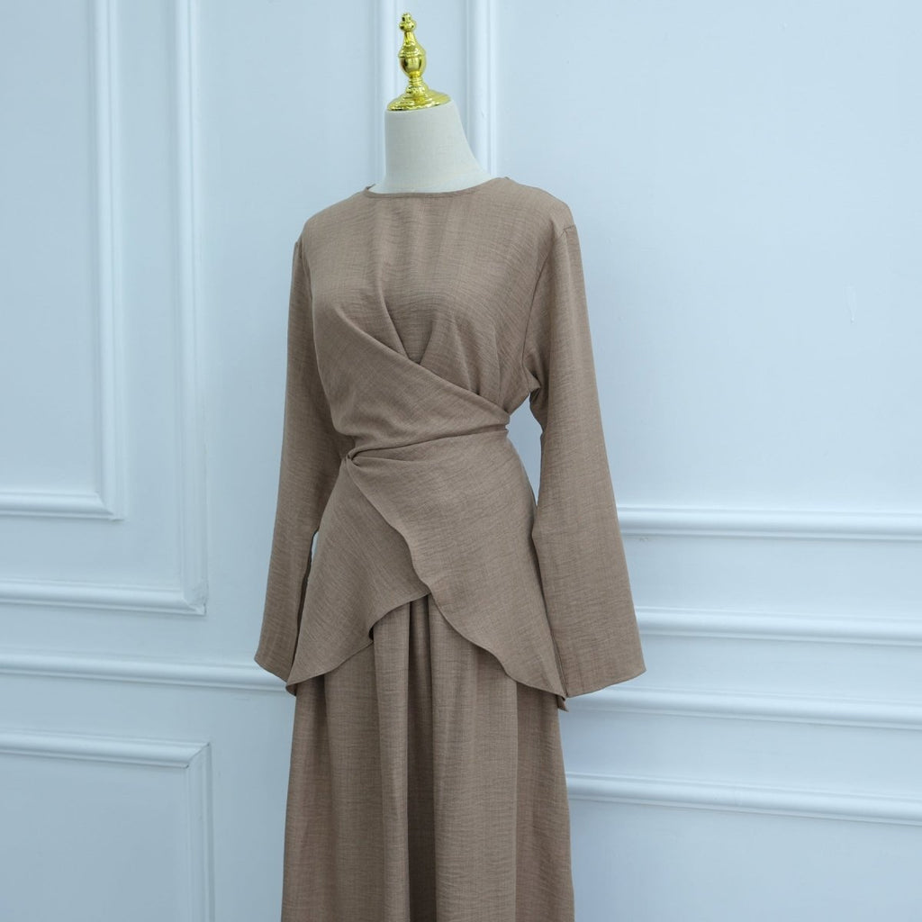 Cross-Wrap Waist Top & A-Line Maxi Skirt Set(MS475)
