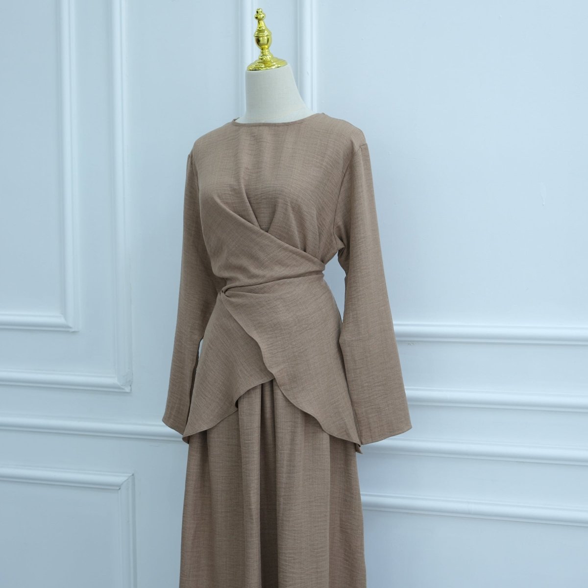 Cross-Wrap Waist Top & A-Line Maxi Skirt Set(MS475)