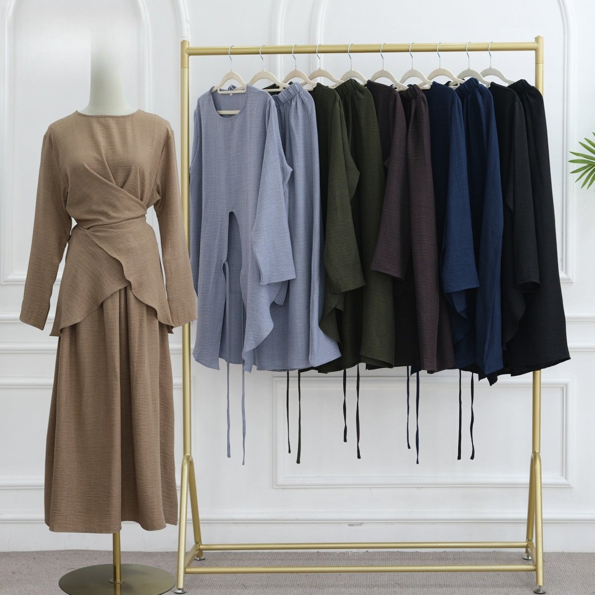 Cross-Wrap Waist Top & A-Line Maxi Skirt Set(MS475)