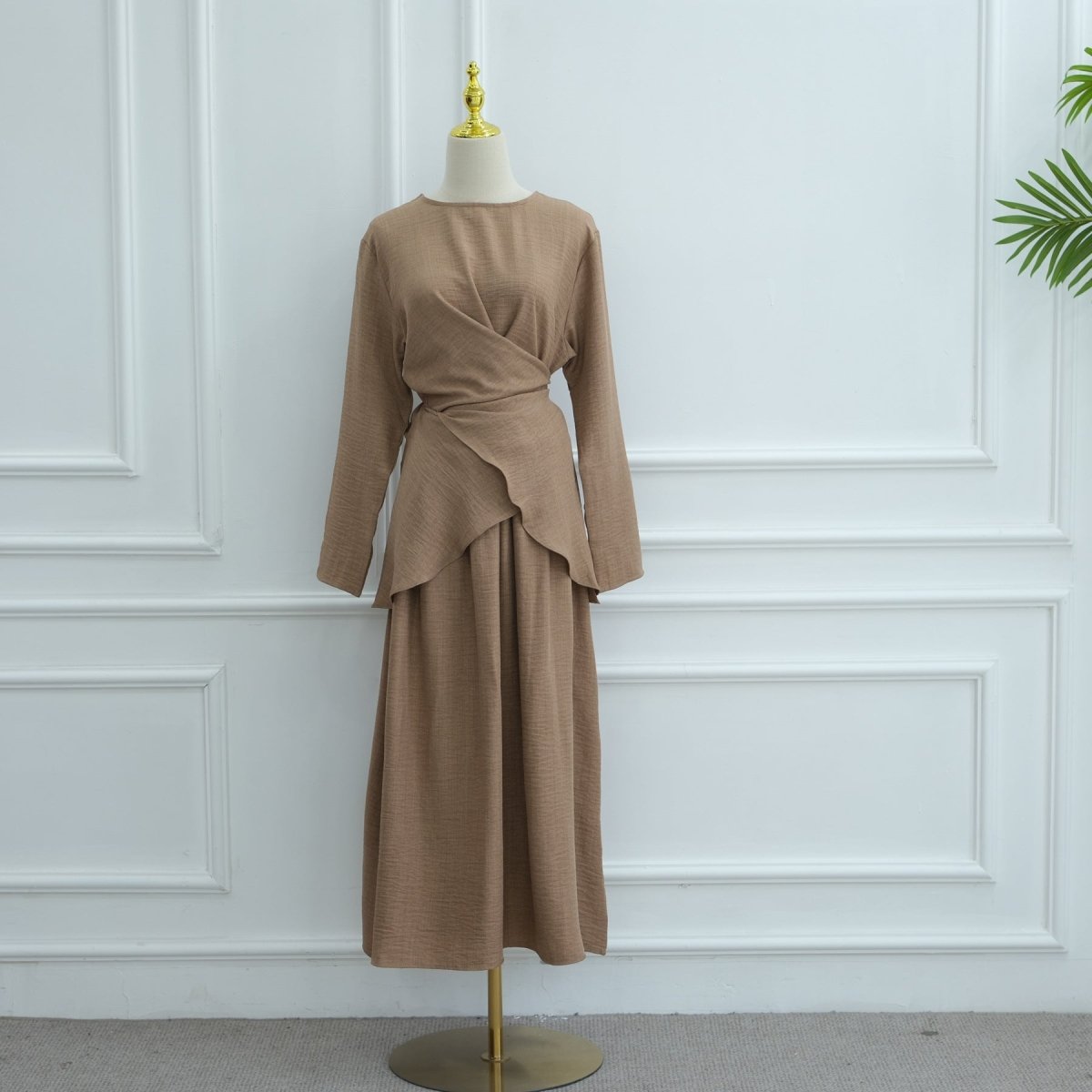 Cross-Wrap Waist Top & A-Line Maxi Skirt Set(MS475)