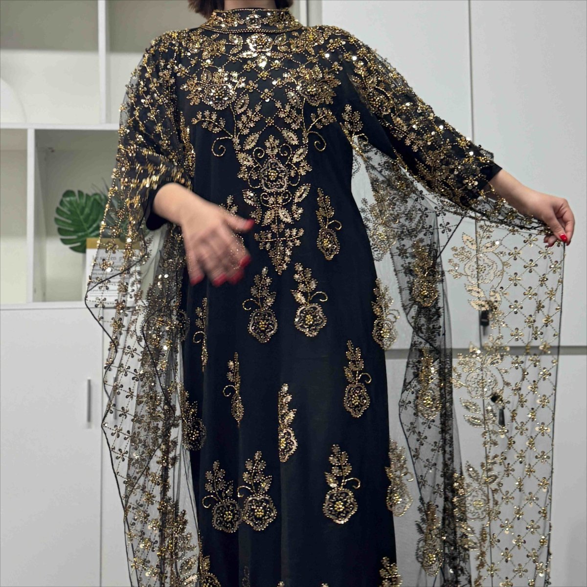 Crystal Beaded Cape Overlay Abaya Set (MA427)