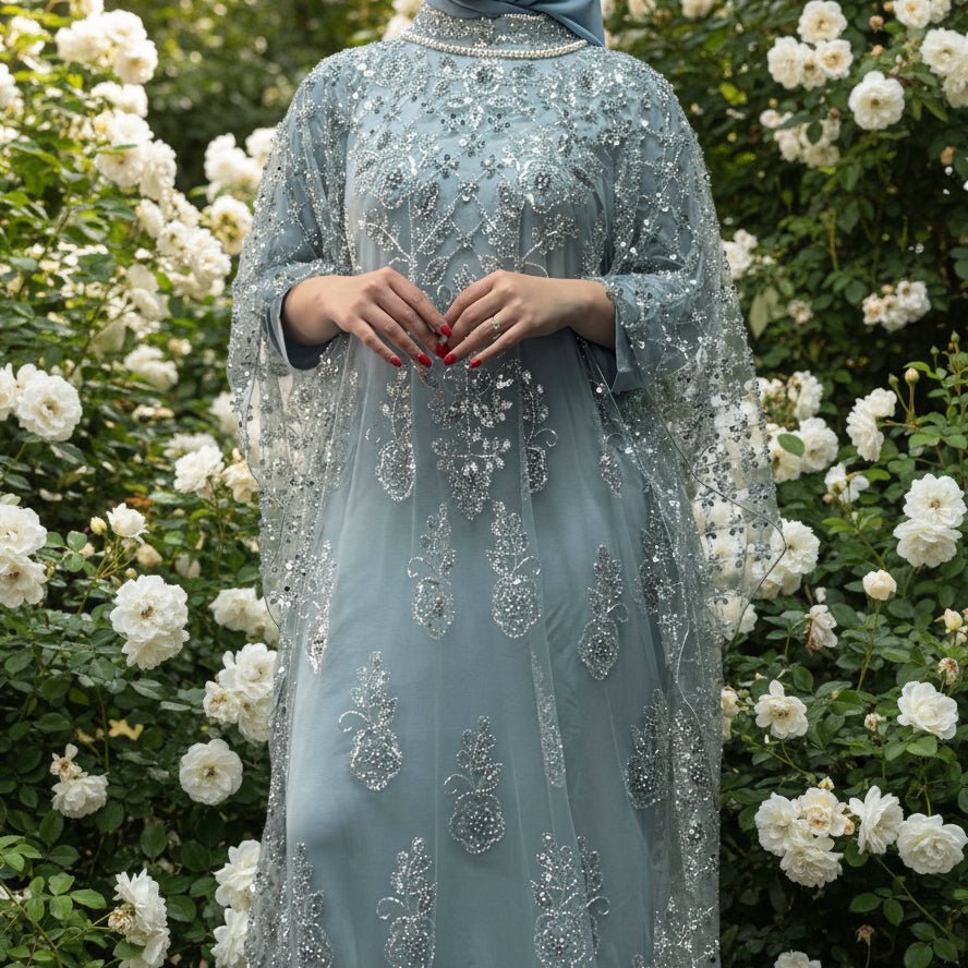 Crystal Beaded Cape Overlay Abaya Set (MA427)