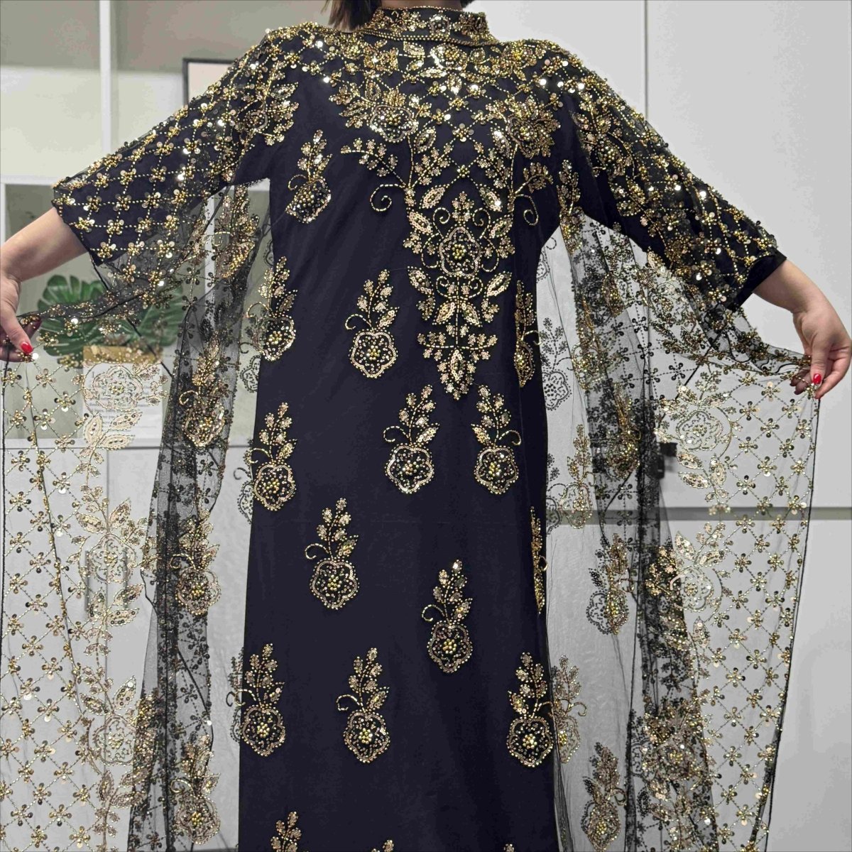 Crystal Beaded Cape Overlay Abaya Set (MA427)