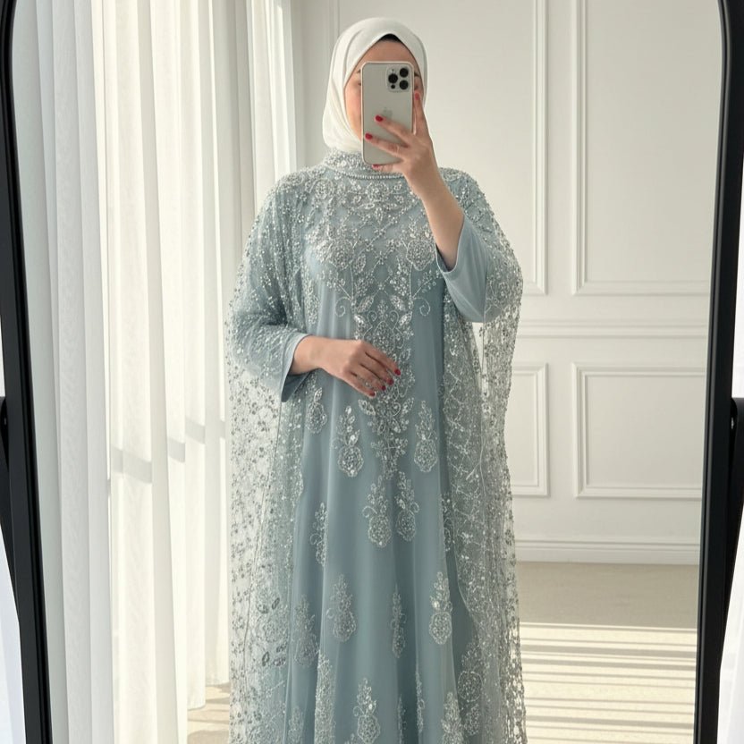 Crystal Beaded Cape Overlay Abaya Set (MA427)