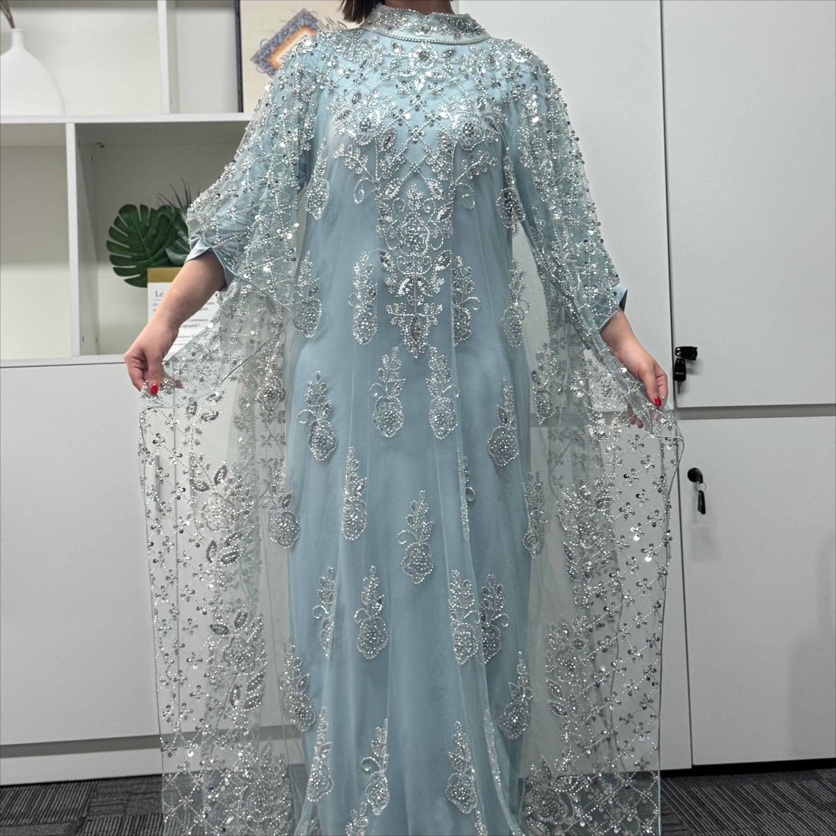 Crystal Beaded Cape Overlay Abaya Set (MA427)
