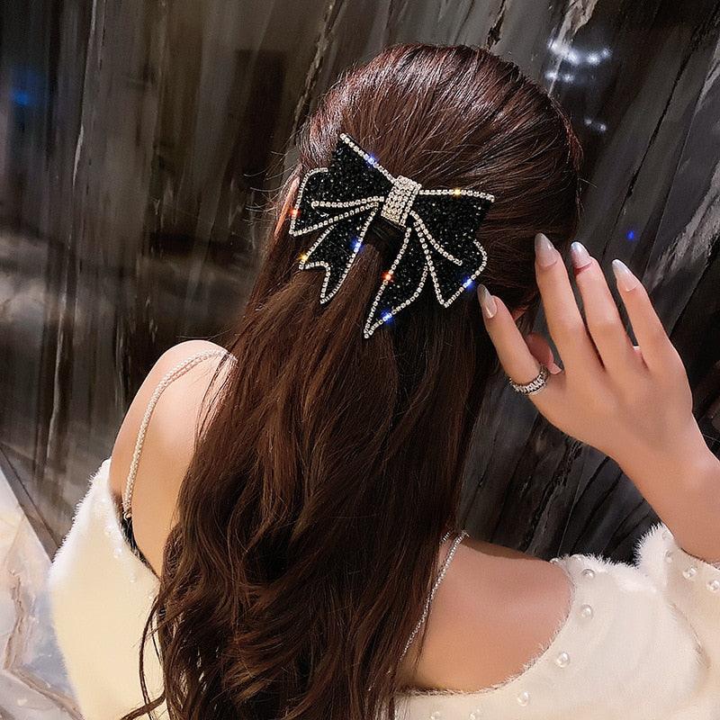 Crystal Big Bow Barrettes Hair Clips For Women Ponytail Holder Girls Hair Accessories Rhinestone Hairpins Fashion Hairgrips Band Accessories For Party