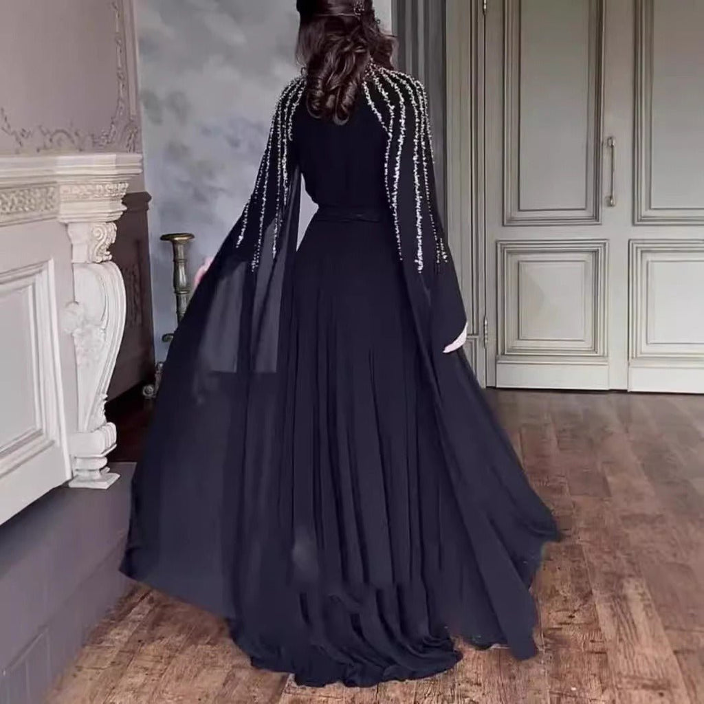Crystal Cascade Cape Gown | Dramatic Embellished Evening Abay(MA345)